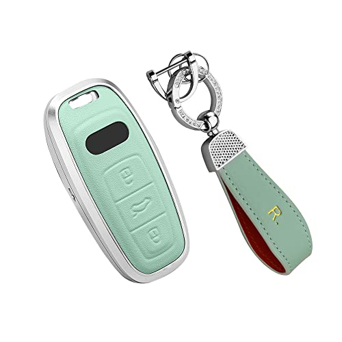 HIBEYO Key Fob Cover for Audi A6 A7 A8 2020 2021 E-tron Q8 Q7 Key Shell with Keychians Aluminum and Leather Material for Audi Accessories 2022 Key Case-Green