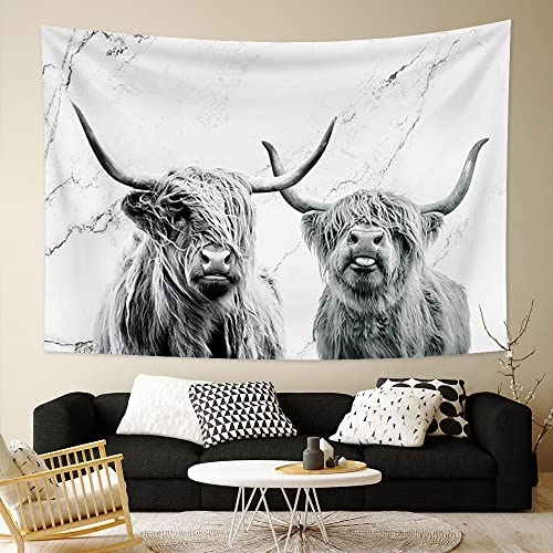 Funny Highland Cow Tapestry Wall Hanging Cow Tapestry for Bedroom on Gray Marble Tapestry Farmhouse Western Wildlife Cattle Bull Tapestry Farm Animal Decor Tapestry for Kids Living Room, 80×60 Inch