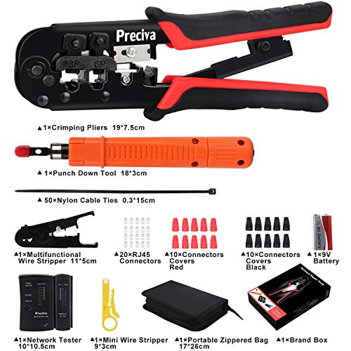 RJ45 Crimper Tool Kit, Preciva Cat5 Cat5e Ethernet Crimping Tool Set with One Network Cable Tester, 20PCS RJ45 Connectors, One Wire Stripper, 50PCS Cable Ties and Wire Punch Down Impact Tool | The Storepaperoomates Retail Market - Fast Affordable Shopping