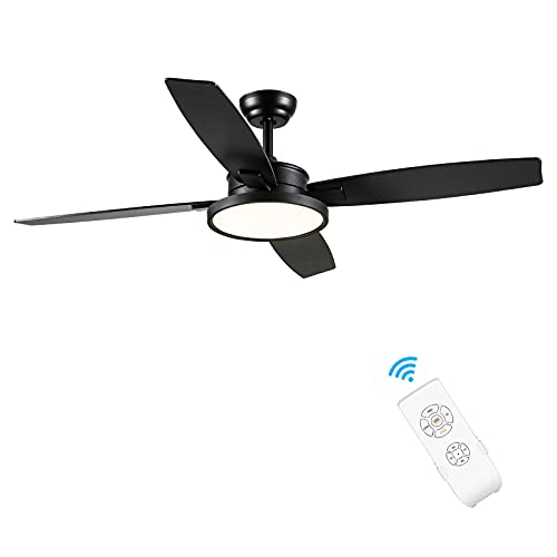 BRTLX 52” Black Ceiling Fans with Lights, Indoor Outdoor Ceiling Fan with Remote Control, 4 Blades 3-Speed Noiseless Reversible Motor for Living Room Bedroom Office