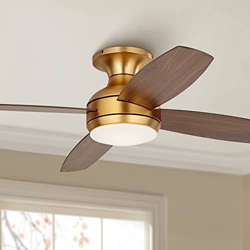 Casa Vieja 52″ Elite Modern Hugger Low Profile Indoor Ceiling Fan with Light LED Remote Control Soft Brass Walnut Brown Opal Glass for House Bedroom Living Room Home Kitchen Dining Office