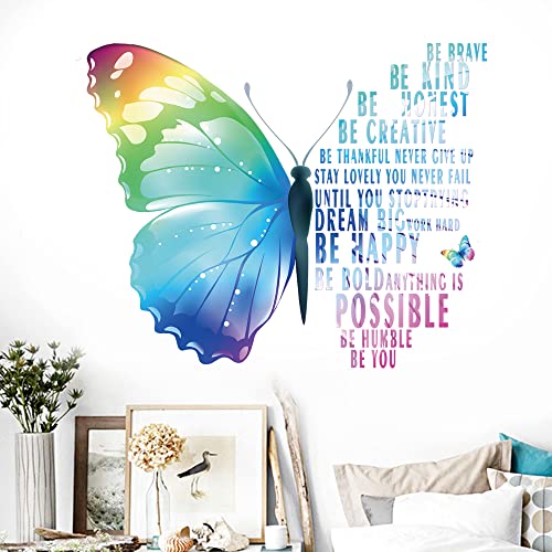 Gusuhome Large Butterfly Quote Inspirational Wall Decals Stickers Colorful Butterfly Motivational Positive Saying Vinyl Peel and Stick Wall Decals for Women Girls Bedroom Living Room Decor Blue
