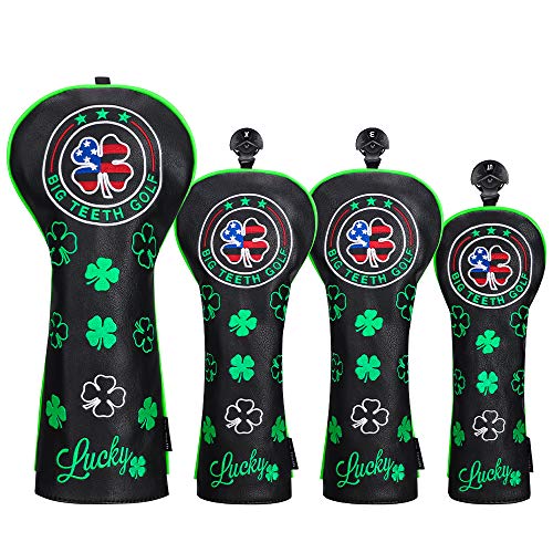 Golf Headcovers for Woods Driver Fairway Wood Hybrid Vintage Style Golf Wood Head Cover Set 4pcs PU Leather for Taylormade Callaway Titleist Ping Cobra Cleveland # 1 F F H (4PCS-Lucky Clover Black)