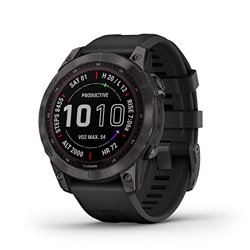 Garmin fenix 7 Sapphire Solar, adventure smartwatch, with Solar Charging Capabilities, rugged outdoor watch with GPS, touchscreen, wellness features, carbon gray DLC titanium with black band