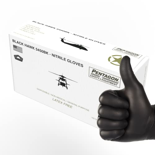 PENTAGON SAFETY EQUIPMENT Black Hawk – 5 mils Disposable Nitrile Gloves, Black, Powder Free, Latex Free, Industrial, Box of 100 (100, XL)