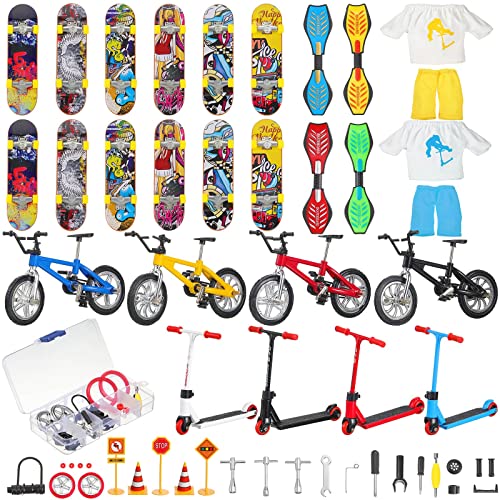 55 Pcs Mini Finger Toys Finger Skateboards Finger Bikes Finger Scooter Finger Pants Mini Swing Board Bicycle Lock Finger Replacement Wheels Tools Traffic Signs for Movement Party Favors Accessories