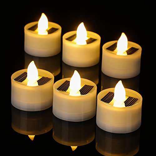 6 Pieces Solar Tea Light Candles Flameless Outdoor Waterproof Solar Tea Lights Rechargeable Candles with Dusk to Dawn Flickering Light Sensor for Party Garden Home Decor, 1.5 x 1.4 Inch