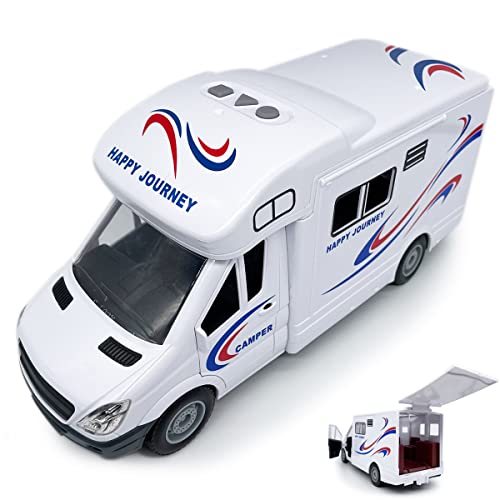 Toy Camper RV Motorhome Toys for Boys Toy Car Model Cars Recreational Vehicle Holiday Travel Adventure, Friction Powered, Roof and Doors Open, Light Sound, 3 4 5 6 Years Old Kids Girls Gifts, white