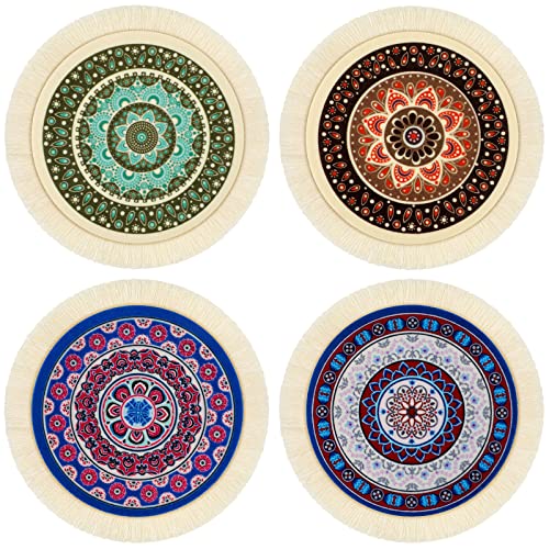 4 Pieces Rug Table Coasters Table Drink Holders Oriental Design Fabric Carpet Drink Mats Oriental Design Fabric Elegant Carpets Kitchen and Bar Mats for Home Office and More (Round, Fresh Pattern)