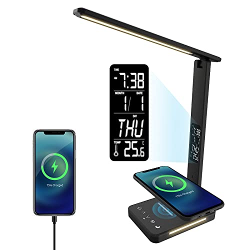 Banrterd Desk Lamp, LED Desk Lamp with Wireless Charger, USB Charing Port, Desk Lamps for Home Office, Dimmable Eye-Protecting Desk Light with Night Light, Digital Alarm Clock, Temperature, Black