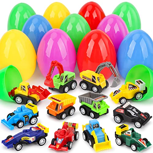 Sanlebi Easter Eggs with Pull Back Cars 12 PCS Assorted Pull Back Vehicles Toys , Colorful Easter Egg Fillers for Hunt Party Favor, Easter Basket Fillers for Kids