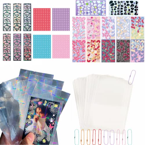 52 PCS Photo Card Holders for Kpop DIY Suit Penny Sleeves 10 Card Protectors Hard Plastic Holographic Sleeves with Chains 22 Korean Stickers Ribbon Heart Letter Charm Rose Devil Horn Stickers