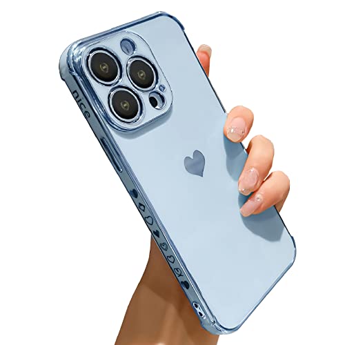 MTBacon Compatible with iPhone 13 Pro Max Case Luxury Plating Love Heart Electroplated Edge Cute Side Small Love Pattern Soft TPU Shockproof Camera Protective Case for iPhone 13 Pro Max – Sierra Blue