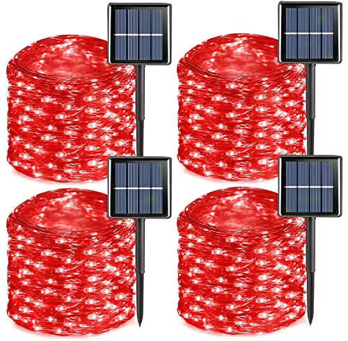 YEGUO 4 PCS Red Valentine Decorations Lights, Solar Fairy Lights Outdoor Waterproof, Total 132ft 400 LED Solar String Lights, 8 Modes Silver Wire Solar Christmas Twinkle Lights