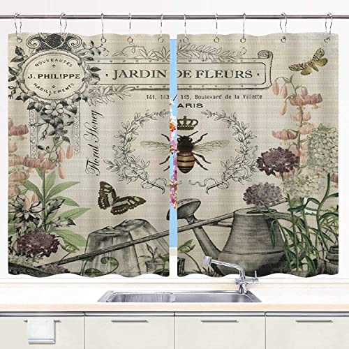 HATESAH Bee Kitchen Curtains,Rustic French Bee Butterfly Garden Vintage Queen Floral Watering Can Short Cafe Curtains for Bathroom Kitchen Window Treatments 2 Panels Set Home Decor Drapes,55″ Wx39 L