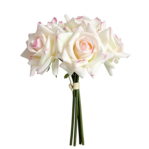 Curled Rose Artificial Flowers Moisturizing Lifelike Touch Centerpiece Wedding Party Decoration Bouquet Home Garden Decor 5pcs (White with Pink Edge)