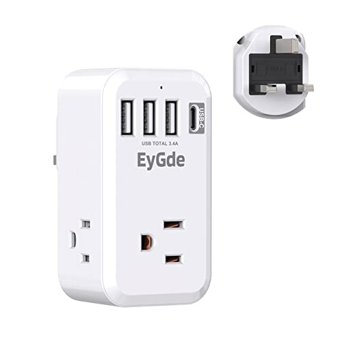 US to UK Travel Plug Adapter, EyGde Type G European Power Adapter with 3 American Outlets 3 USB Ports & 1 USB C, Charger Outlet Converter for USA to British England Scotland Irish Ireland Hong Kong