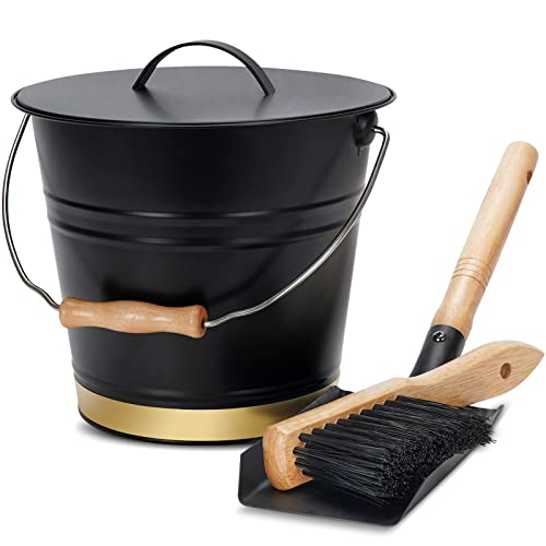 Mini Ash Bucket with Lid,Shovel & Hand Broom,Galvanized Steel Metal Charcoal Container, Coal Bucket with Handle,Tool Set Accessories for Fireplace Indoor & Outdoor, Fire Pit, Wood Burning Stove.Golden