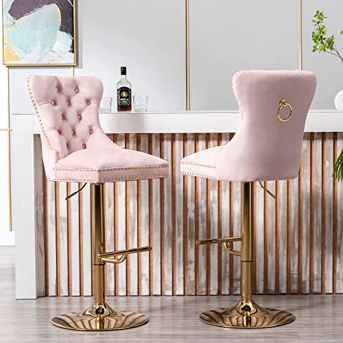 DM Furniture Barstools Set of 2 Bar Height Velvet Tufted Back Stools 28 to 36 inch Adjustable Upholstered Bar Stool Chairs with Gold Base for Home Bar Kitchen Island (Pale Pink, 2 Pack)