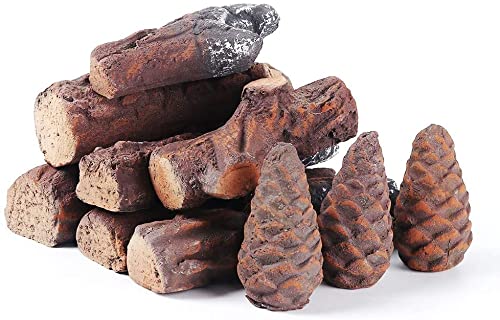NC Gas Logs 10pcs Gas Fireplace Logs Set of Ceramic Wood Logs. Fireplace Log Set for Ventless, Electric Outdoor Fireplaces Fire Pits Realistic Use (10, 15w*22L)