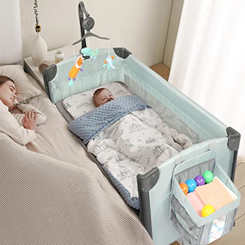 JOYMOR 3 in 1 Baby Bedside Sleeper, Bed Side with Mattress, Convert to Bassinet, Playpen, Quick Foldable Travel Bassinet Bed, with Toy, Wheels, Hanging Pocket & Brake, Carry Bag