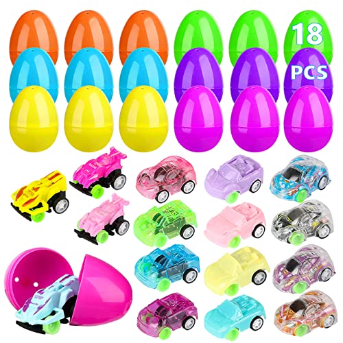 18 Pcs Easter Basket Stuffers for Toddlers, Prefilled Egg Vehicle Pull Back Car for Kids Age 3-5, Easter Toys for Boys Girls Baby Toddlers Hunting Parties Mini Gift, 5 Type of Pull Back Car