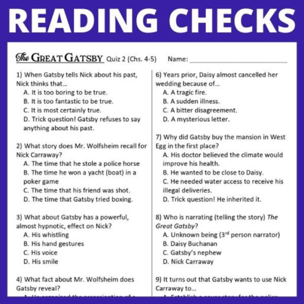 Quizzes for THE GREAT GATSBY (4 reading checks)