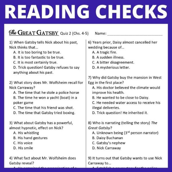 Quizzes for THE GREAT GATSBY (4 reading checks) | The Storepaperoomates Retail Market - Fast Affordable Shopping