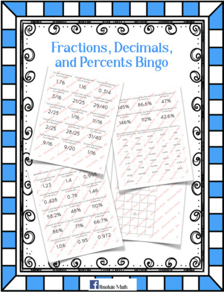 Fractions, Decimals and Percents Bingo
