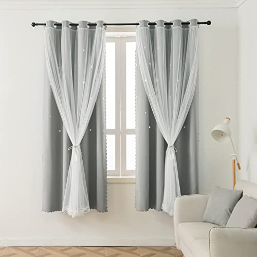 LUGOTAL Kids Blackout Curtains for Boys Bedroom Kids Room Double Layer Stars Cutout Curtains Living Room Grommet Thermal Insulated Darkening Window Curtains (1 Panel, W52 x L63 Inch, Grey)
