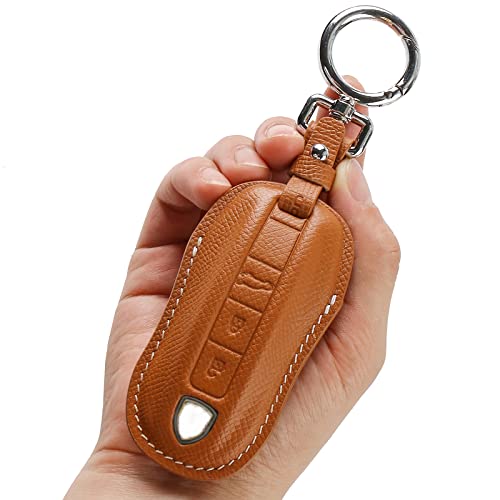 nuosson Key Fob Cover Case, Genuine Leather Key Shells Case with Keychain for 2020-2021 Porsche Panamera, Cayenne, Macan,918 -Brown