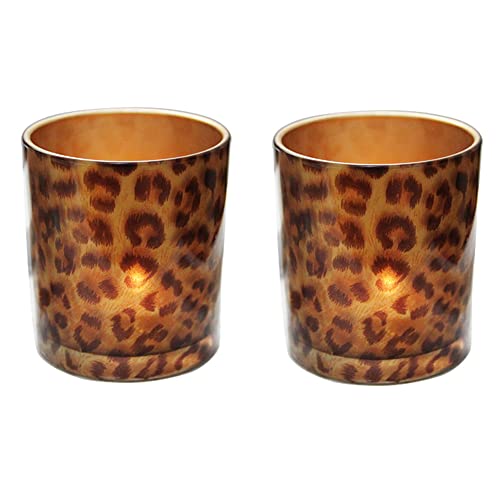KiaoTime Pack 2 Glass Tealight Holder Votive Candle Holder Cups – Valentines Day Leopard Print Design Tea Light Candle Holders for Home Decor Accents Wedding Party Centerpiece Table Décor