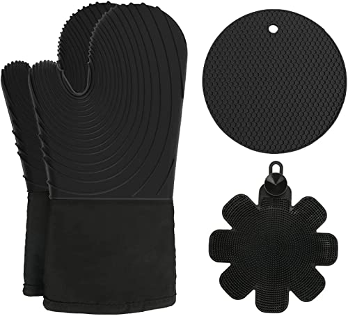 LZZ 600F Heat Resistant Oven Mitts/Gloves with Food-Grade Silicone Sponges and Non-Slip Pot Holders for Cooking