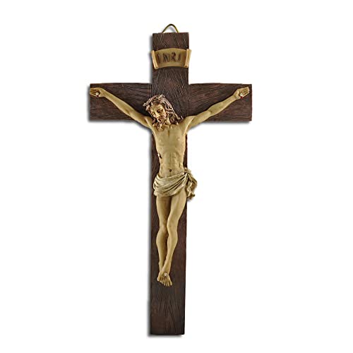 Jesus Crucifix Wall Cross Catholic – Hand painted Big Wood Textured Resin Vintage Christ Nailed on The Cross Modern Door Hanging Decor Religious Gift-9.6″ Tall