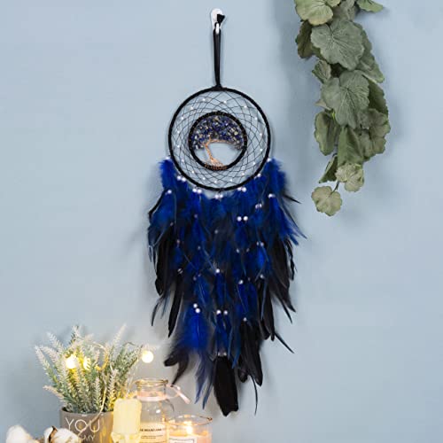 Fairy Tree of Life Dream Catcher Handmade Aesthetic Home Decor for Teen Girls or Boys Wall Hanging Ornament Wall Pediments for Bedroom, Apartment Dorm Room, Living Room Wall Decoration,Blue