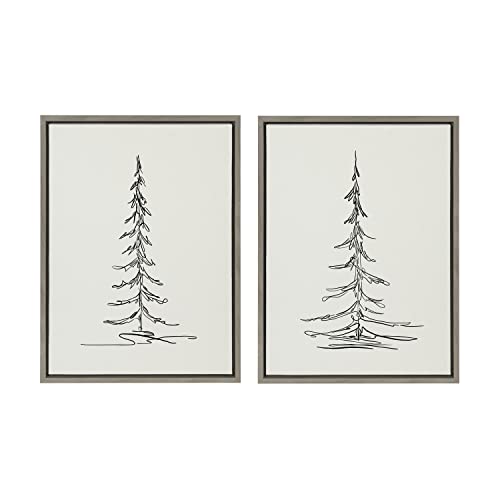 Kate and Laurel Sylvie Minimalist Evergreen Trees Sketch 1 and Minimalist Evergreen Trees Sketch 2 Framed Linen Textured Canvas Wall Art by The Creative Bunch Studio, Set of 2, 18×24 Gray, Decorative Nature Art for Wall