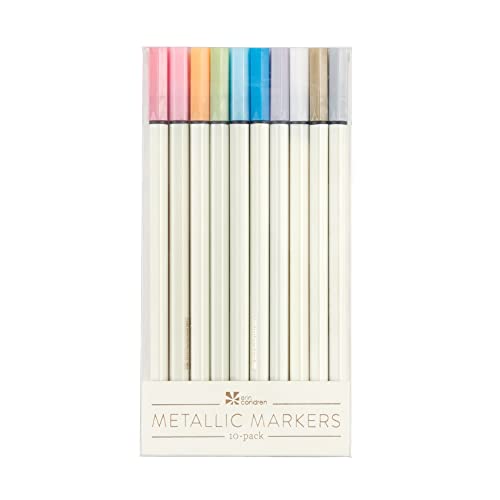Erin Condren Set of 10 Premium Metallic Markers. Colors – Hot Pink, Dark Coral, Orange, Green, Royal Blue, Navy, Purple, White & Silver. Writing and Drawing Markers