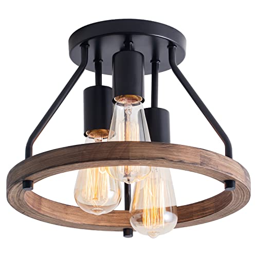 VILUXY Industrial Flush Mount Ceiling Light Fixture with Retro Wood Circle Shade for Hallway, Entryway, Bedroom, Balcony Passway 3-Light | The Storepaperoomates Retail Market - Fast Affordable Shopping