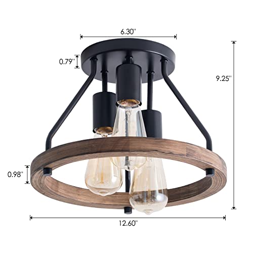 VILUXY Industrial Flush Mount Ceiling Light Fixture with Retro Wood Circle Shade for Hallway, Entryway, Bedroom, Balcony Passway 3-Light | The Storepaperoomates Retail Market - Fast Affordable Shopping