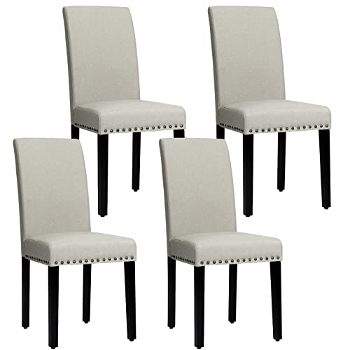 NAFORT Fabric Dining Chairs Set of 4 – Modern Upholstered Padded Dining Room Chairs Armless Side Kitchen Chairs with Wood Legs and Copper Nails, Easily Assemble, Khaki Grey