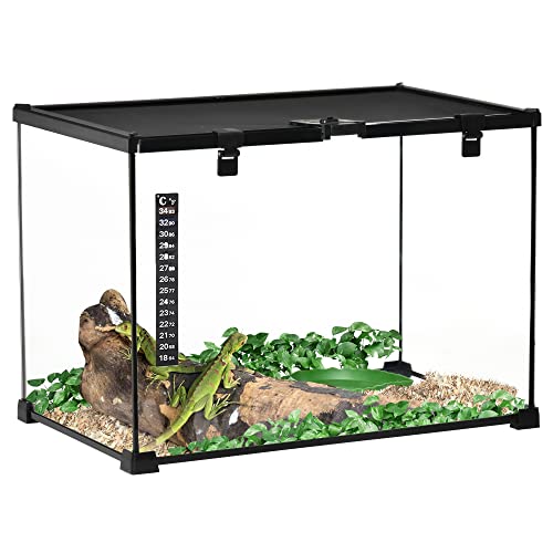 PawHut 14 Gallon Reptile Glass Terrarium Tank, Breeding Box Full View with Visually Appealing Sliding Screen Top for Lizards, Frogs, Snakes, Spiders, 20″ x 12″ x 14″