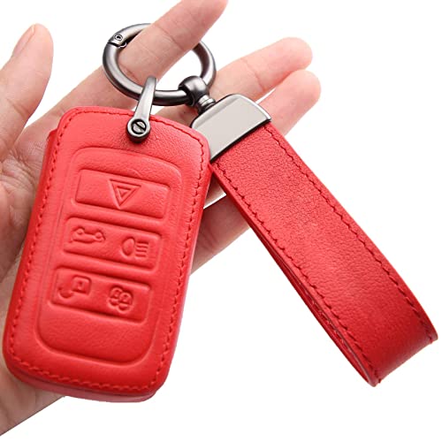 Autotreasure forLand Rover Car Key Fob Cover Leather Key case Suit for Vogue Range Discovery Rover Sport 2018 5 Smart Remote Key Case accessories (5 Buttons) (B-Red)