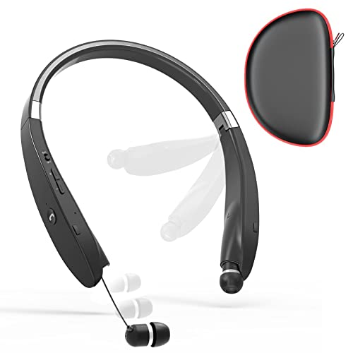 Bluetooth Neckband Headphones, Dpvisn Foldable Wireless Lightweight Neck Headset with Retractable Earbuds, Noise Cancelling Sweatproof Stereo Earphones with Mic & Carrying Case (Black)