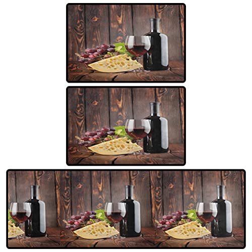 Red Wine Kitchen Rug Set of 3 Piece, Cheese Wine Grape Floor Mats Non-Slip Area Runner Rugs Washable Carpet Indoor Doormat Pad Sets, Rustic Wood Doormats, 15.7″x47.2″+15.7″x23.6″+15.7″x23.6″, Brown
