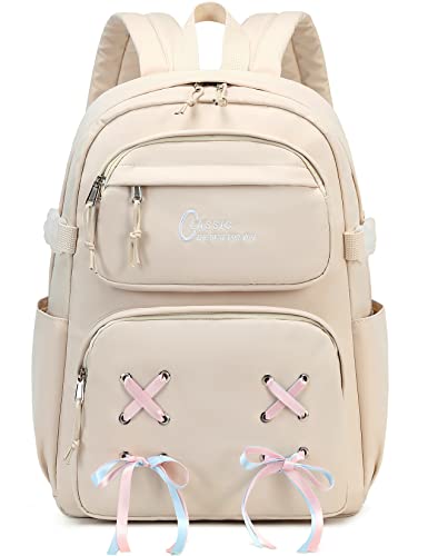 El-fmly Water Resistant Travel Daypack School Backpack Bookbag with Cute Ribbon for Women Girls Students (Beige)