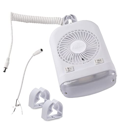 Facon 12 Volt RV Camper Fan and LED Light Combo with Independent Switch, 2-Speed Fan, 51-3/16’’ Extendable Cord with 1/5’’(5.5mm) Male Plug, with 2 Replacement Clips