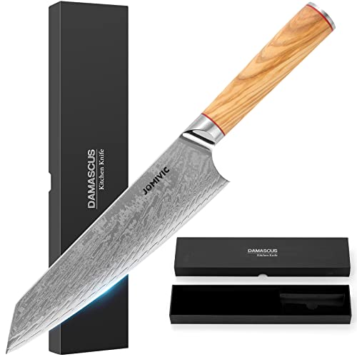 JOMIVIC Damascus Chef Knife, AUS10 67 Layer Super Steel 8 inch Japanese Kitchen Knife with Wood Handle Razor Sharp Edge Knife with Gift Box and Cleaning Cloth Cooking Knife for Meat, Vegetables, Fish