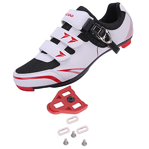 KESCOO Mens Womens Cycling Shoes Compatible with Peloton Bike Shoes and Delta Cleats Pre-Installed, Clip in Road Bike Riding Racing Biking Shoes Perfect for Indoor Outdoor – White red, 41
