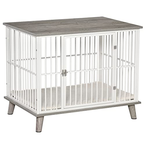 PawHut Dog Crate Furniture, Wooden End Table with Cushion & Lockable Door, Medium Size Pet Crate Indoor Puppy Cage, Grey