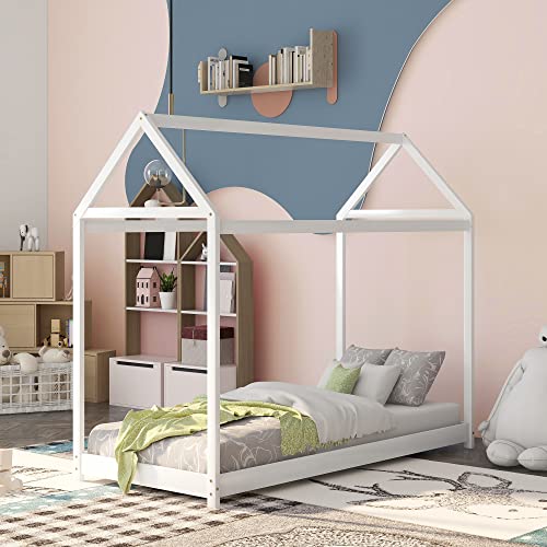 House Bed Twin Size, Kids House Bed Frame with Roof, Twin Playhouse Bed for Toddlers Girls Boys, No Need Box Spring White